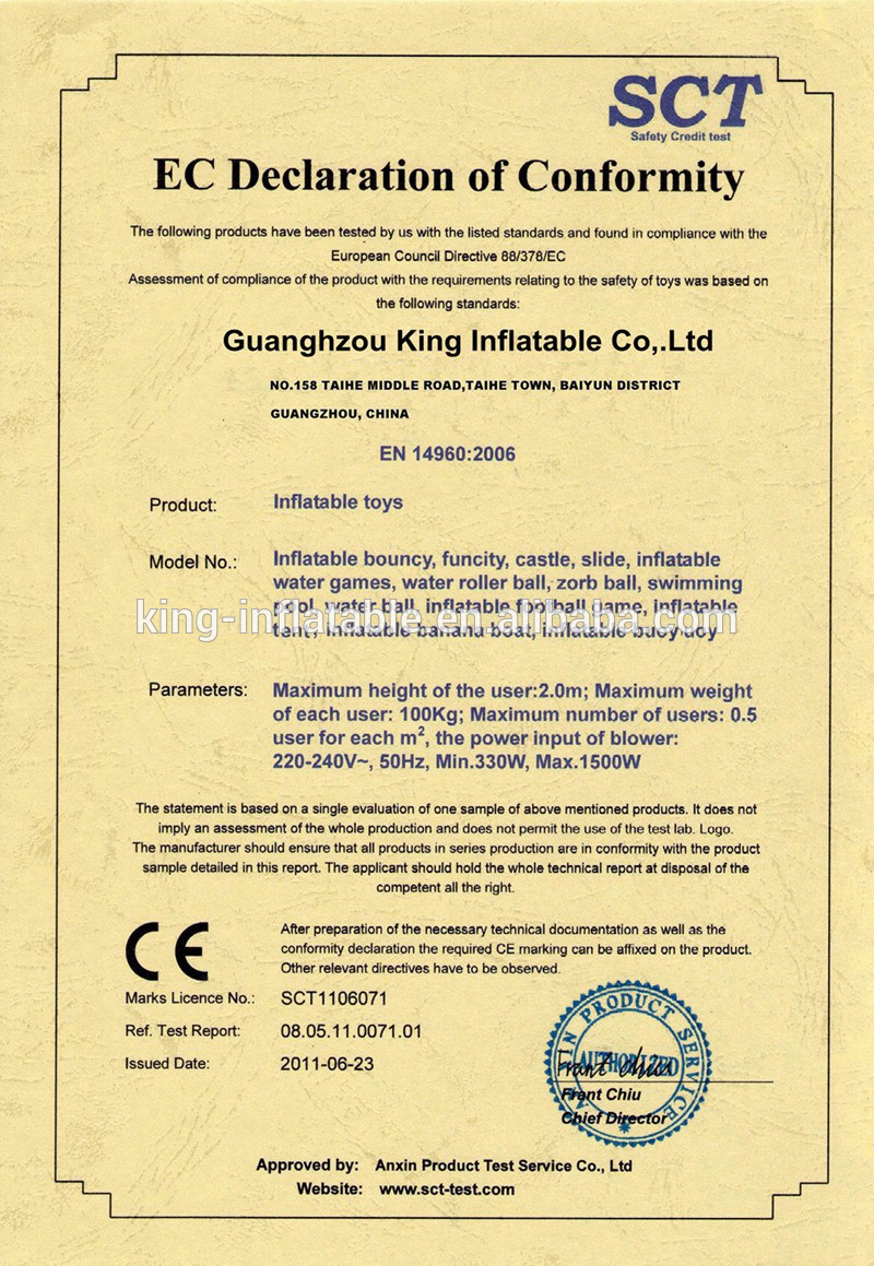 Çin King Inflatable Co.,Limited Sertifikalar